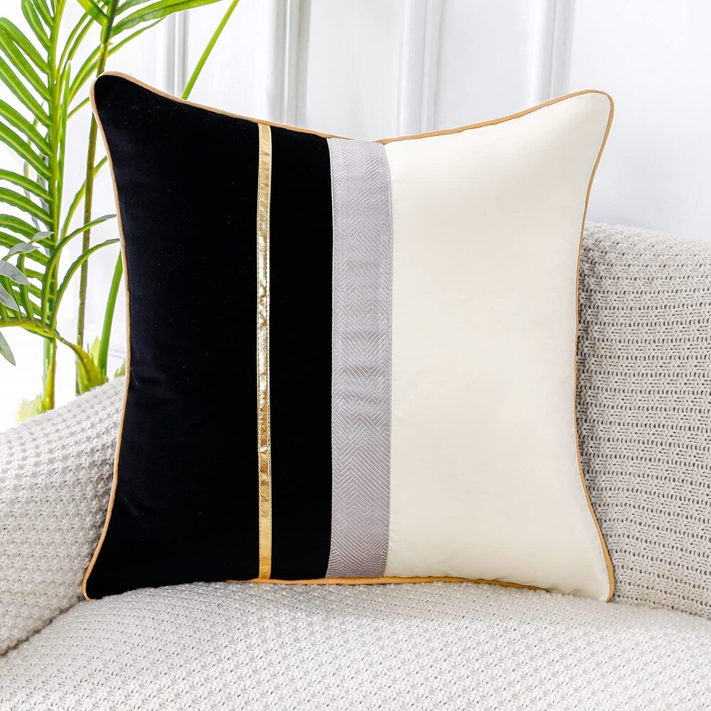 5470 Patchwork Black Silk-Like Velvet Throw Pillow Cover with Gold Striped